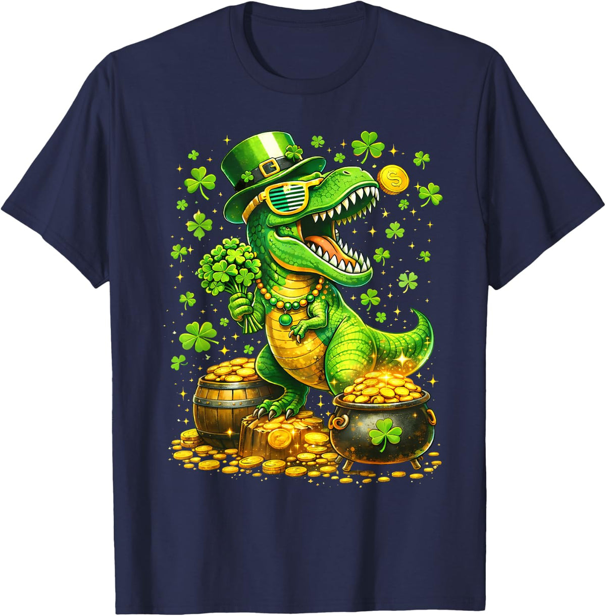 St Patricks Day Dinosaur T Rex Shamrock Kids Boys T-Shirt - Navy Blue