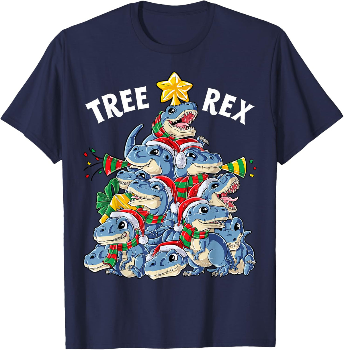 Christmas Dinosaur Tree Rex Pyjamas Men Boys Xmas Santa Hat T-Shirt - Navy Blue