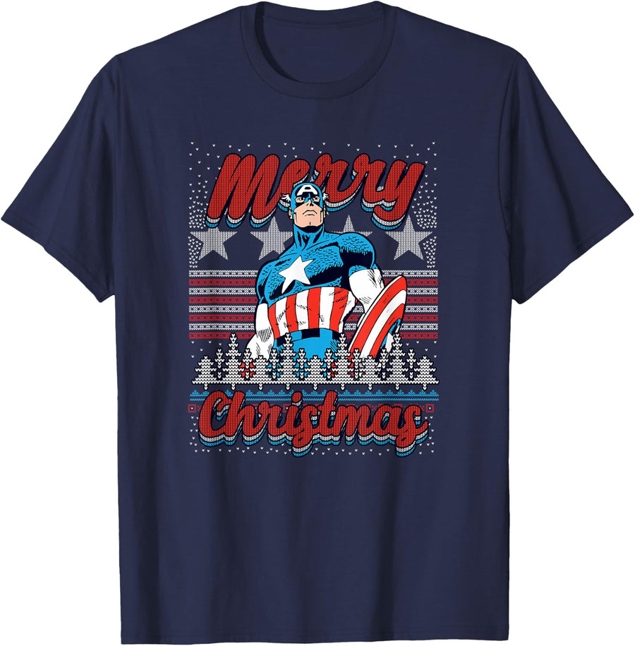 Marvel Christmas Captain America Ugly Sweater Pattern T-Shirt - Navy Blue