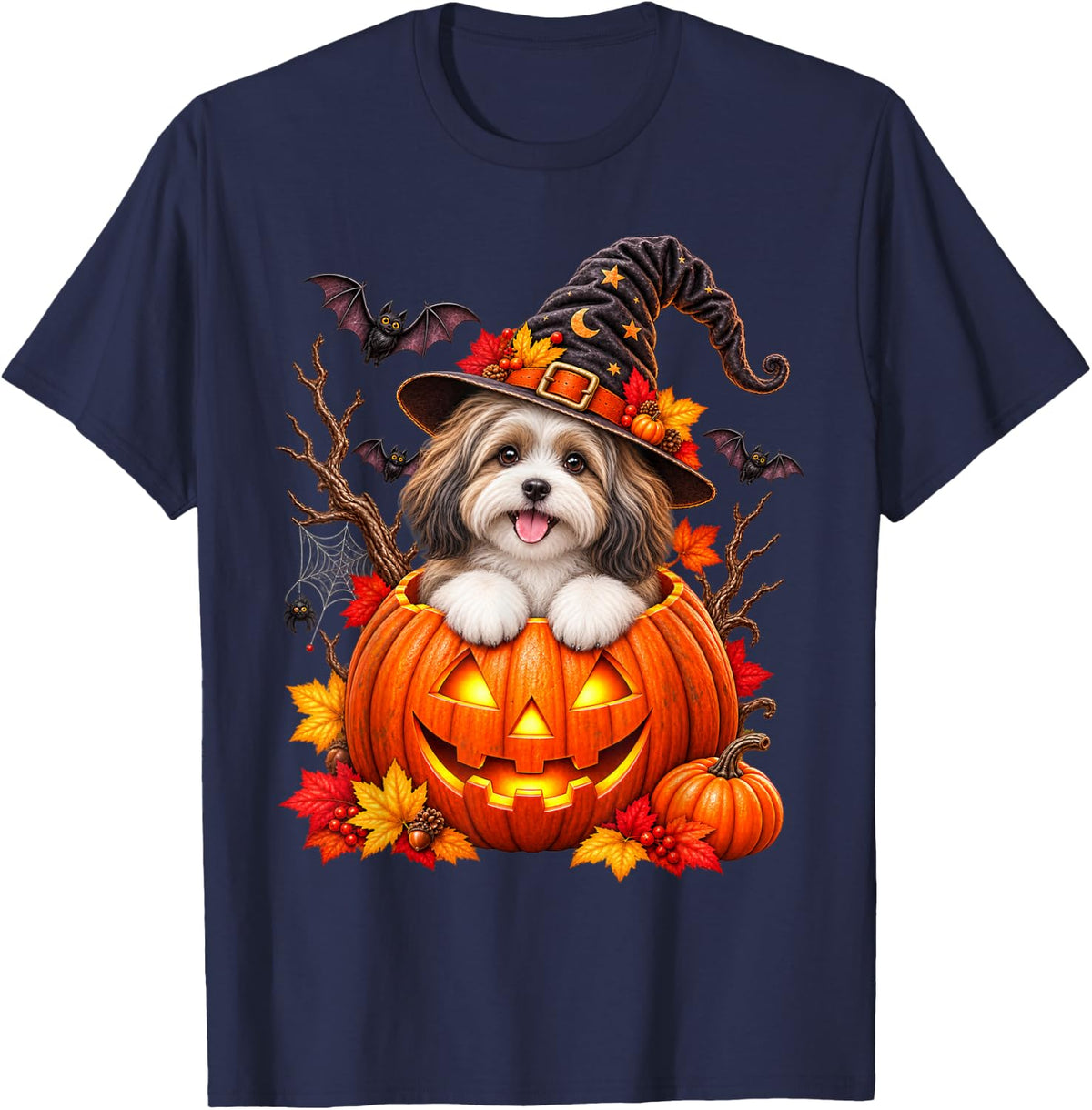 Havanese Pumpkin Halloween Thanksgiving Men Women T-Shirt - Navy Blue