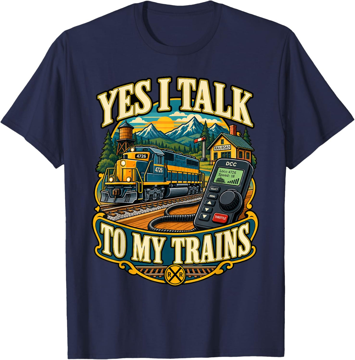 Model Train Yes I Talk to My Trains Funny Railfan T-Shirt - Navy Blue