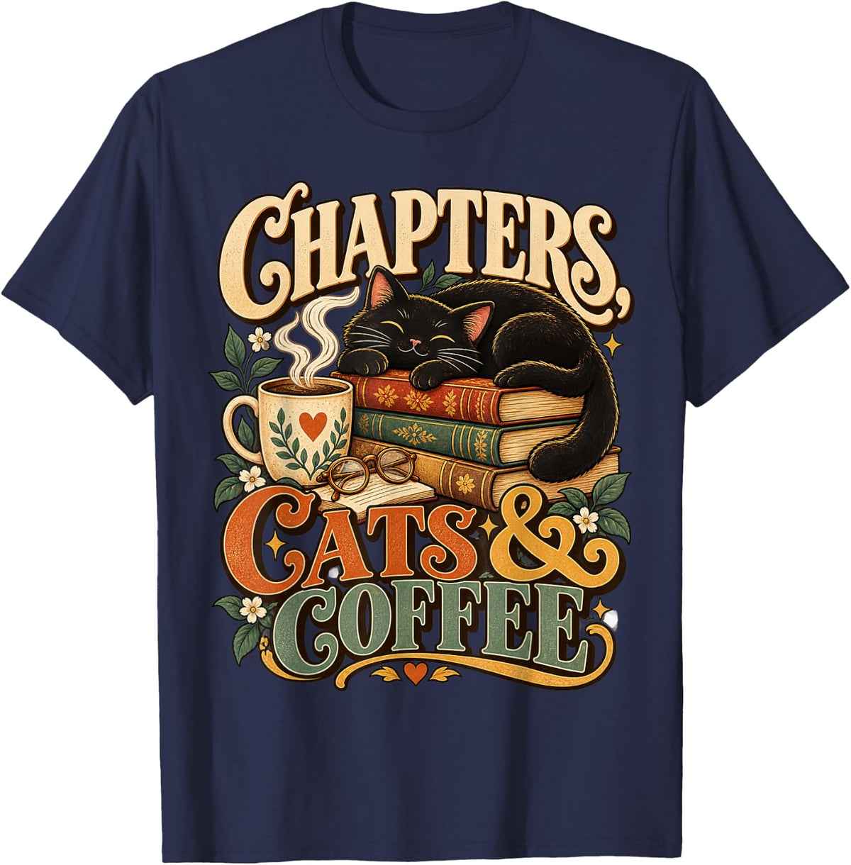 Chapters, Cats & Coffee Book Lover Black Cat T-Shirt - Navy Blue