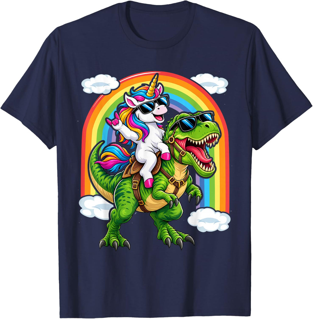 Unicorn Riding T Rex Dinosaur Boys Girls Kids Men T-Shirt - Navy Blue