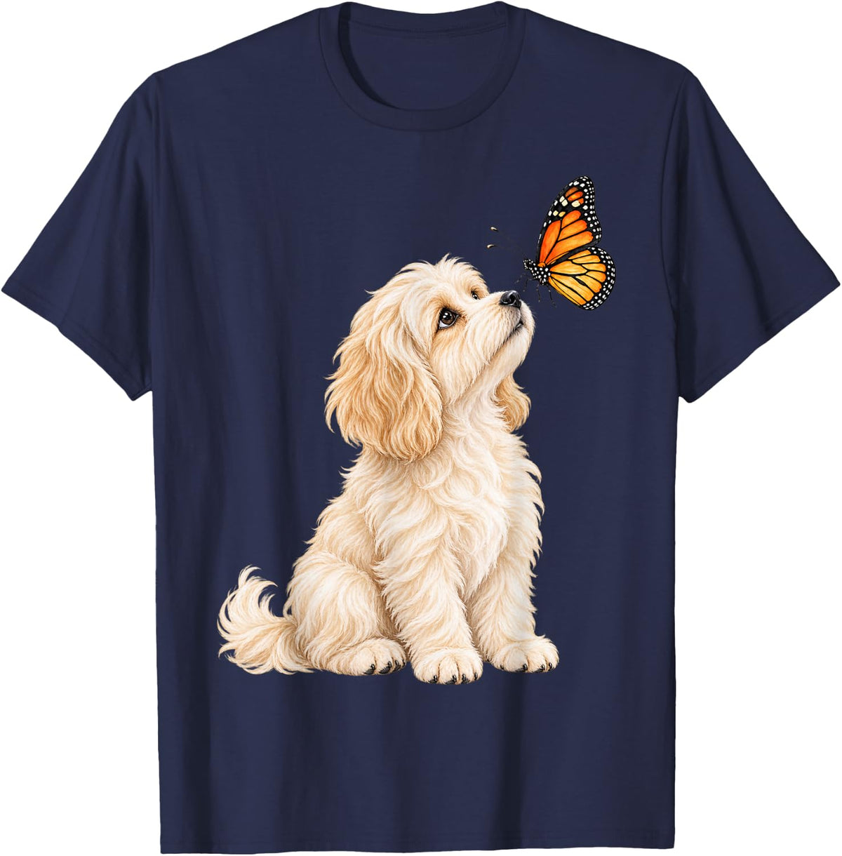 Havanese Butterfly Watercolor Dog Art T-Shirt - Navy Blue
