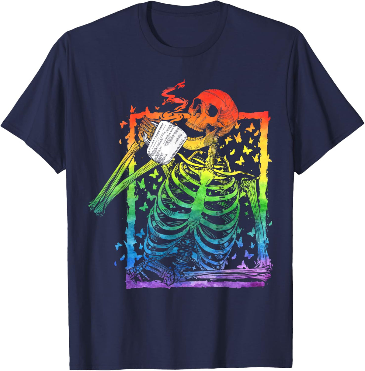 Rainbow Skeleton Drinking Coffee LGBT Pride Month Halloween T-Shirt - Navy Blue