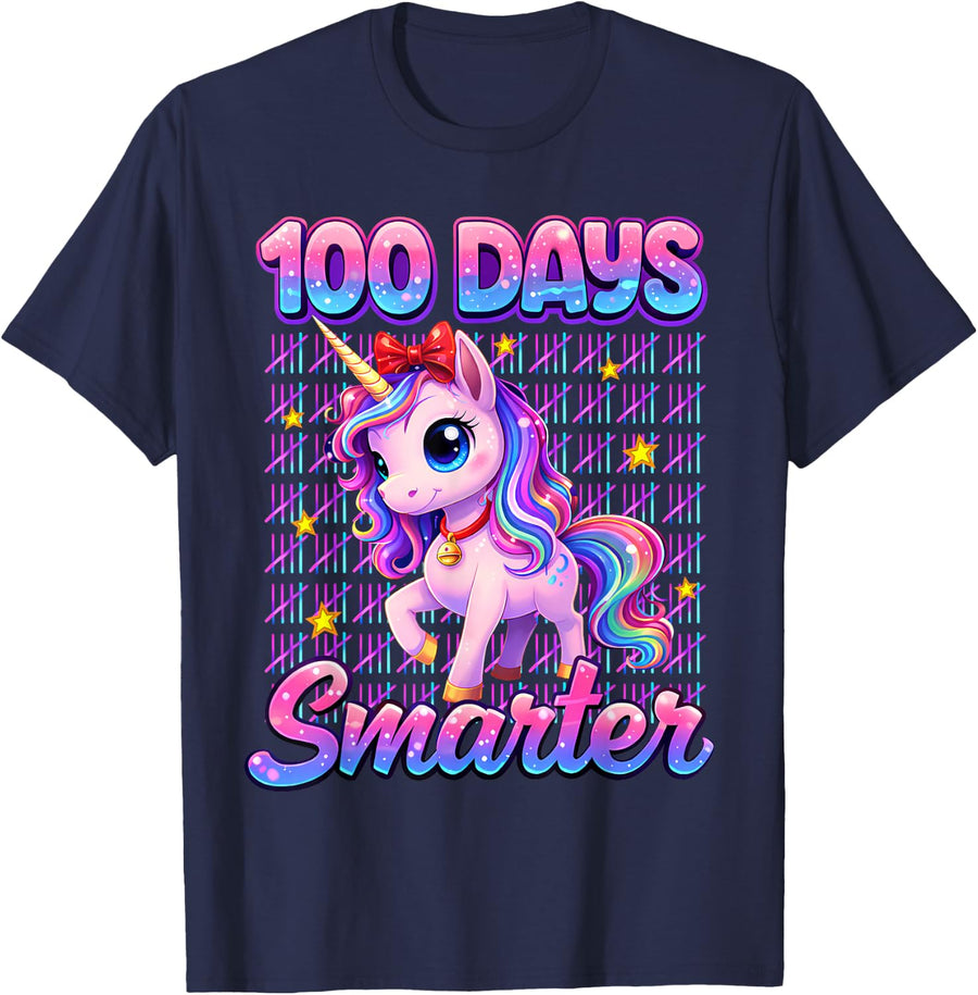 100 Days Smarter Unicorn Magical 100 Days of School Girl Kid T-Shirt - Navy Blue