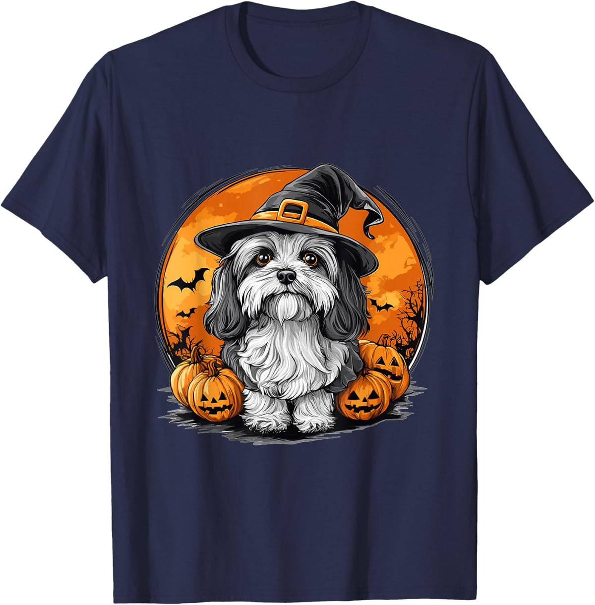 Havanese Dog Whitch Hat Halloween Pumpkin Spooky Happy T-Shirt - Navy Blue