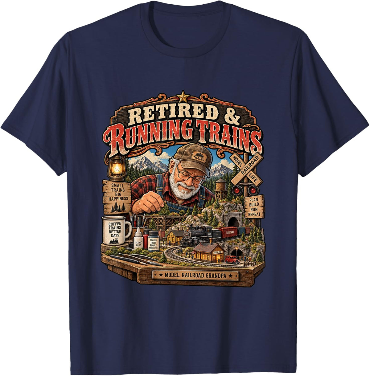Retired & Running Trains Model Railroad Grandpa T-Shirt - Navy Blue
