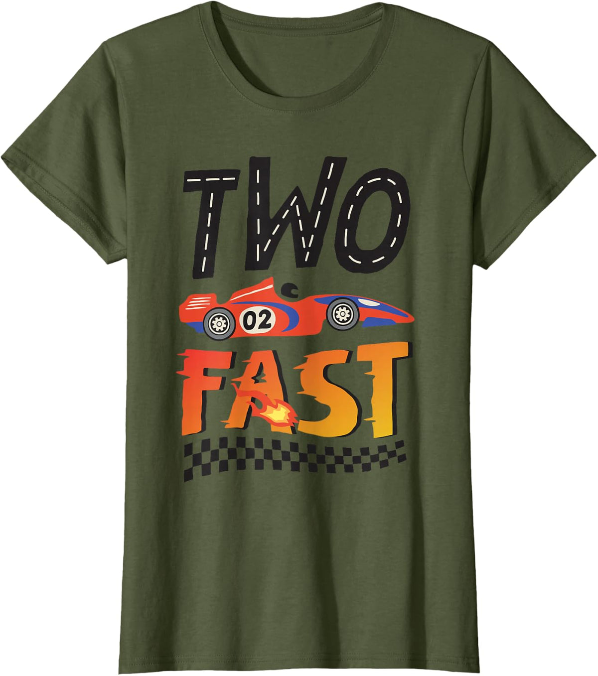 2 Fast Race Car Two Year Old Birthday Boy Racing 2nd Bday T-Shirt - Olive Green