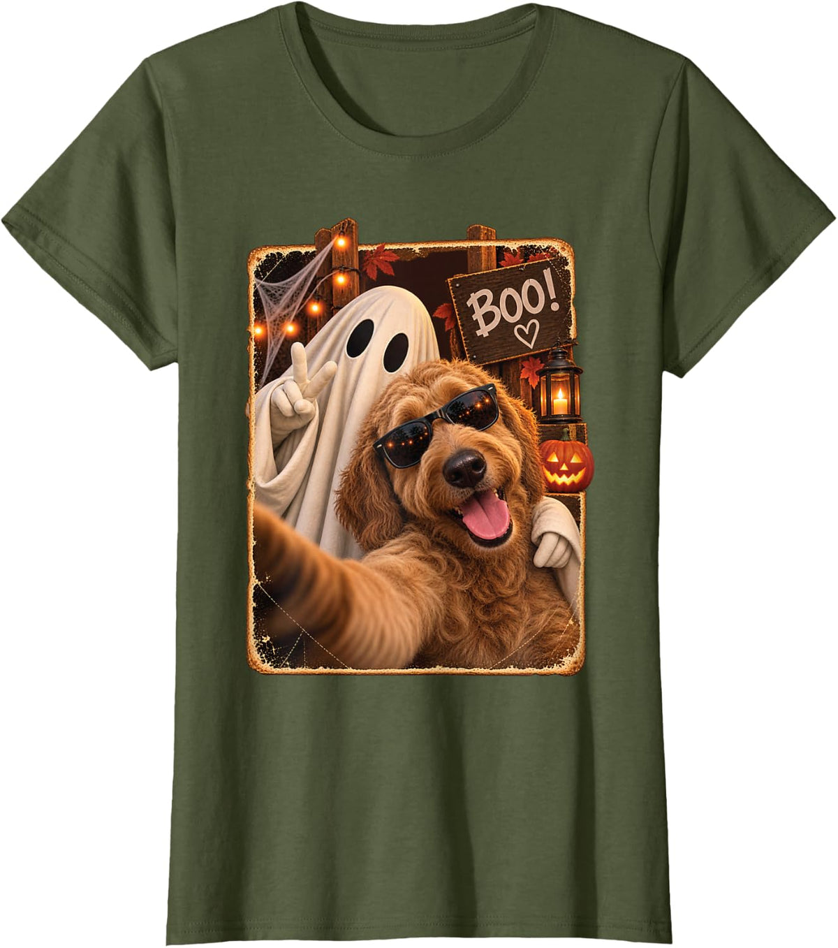 Labradoodle Halloween Dog Ghost Selfie Fun Spooky Pet Family T-Shirt - Olive Green