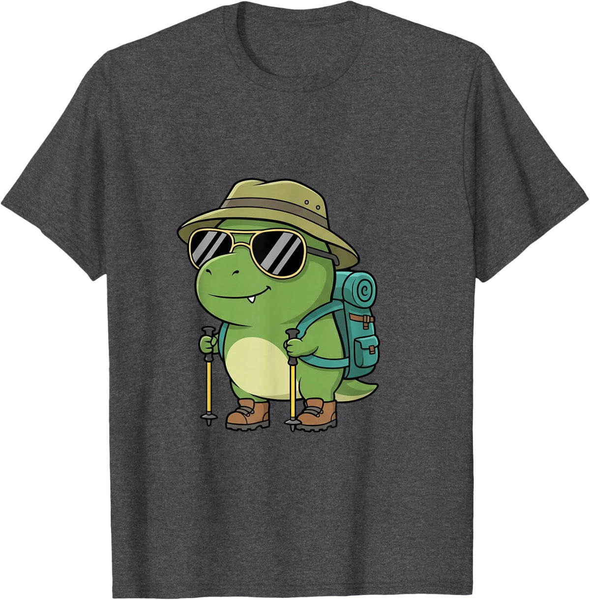Cute Dinosaur Hiking Camping Funny Outdoor Nature Lover T-Shirt - Dark Heather Grey