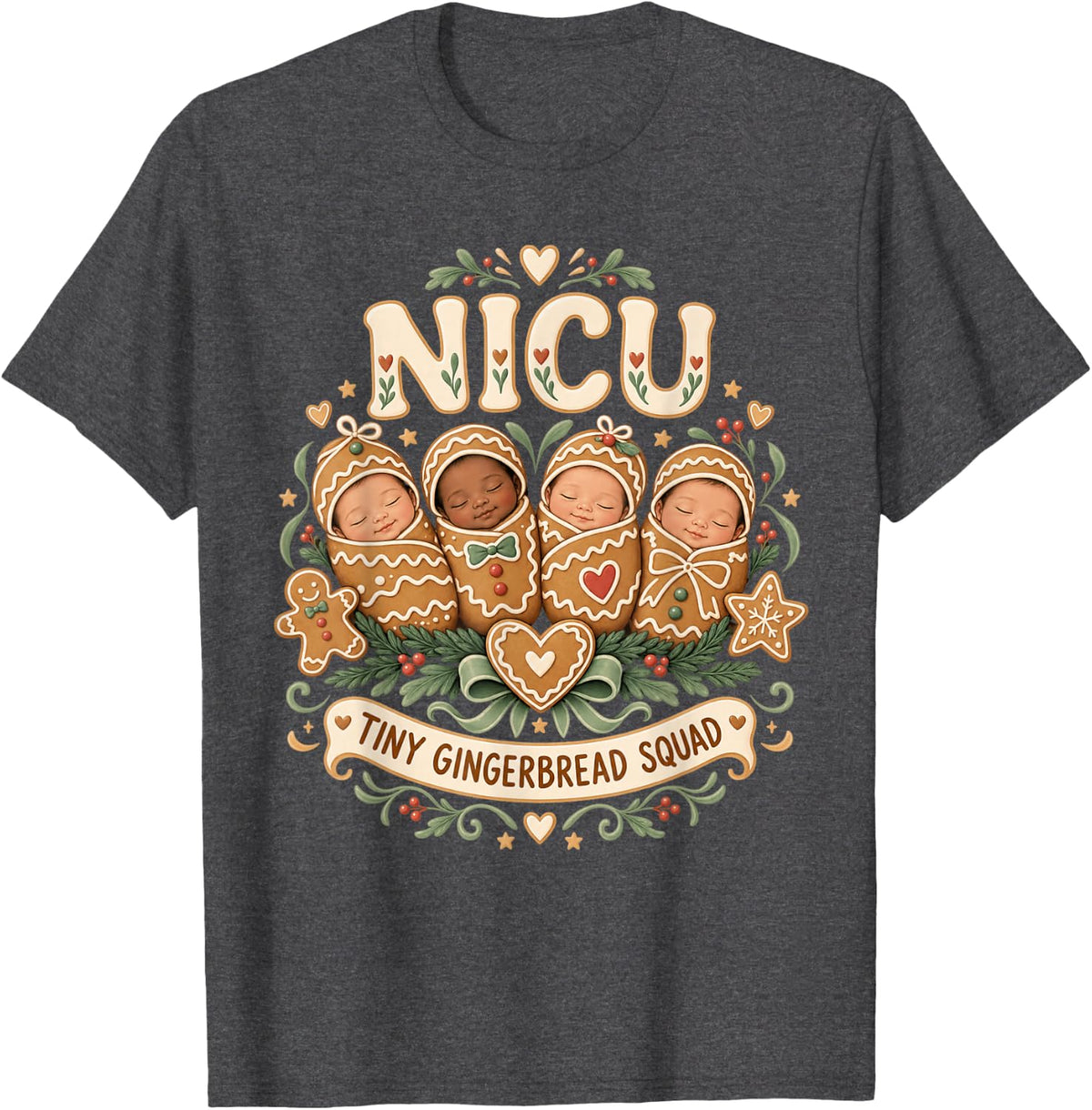 NICU Nurse Christmas Gingerbread Squad Newborn T-Shirt - Dark Heather Grey