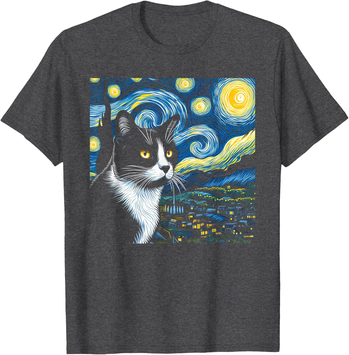 Tuxedo Cat Starry Night Painting Tuxedo Cat Lover T-Shirt - Dark Heather Grey