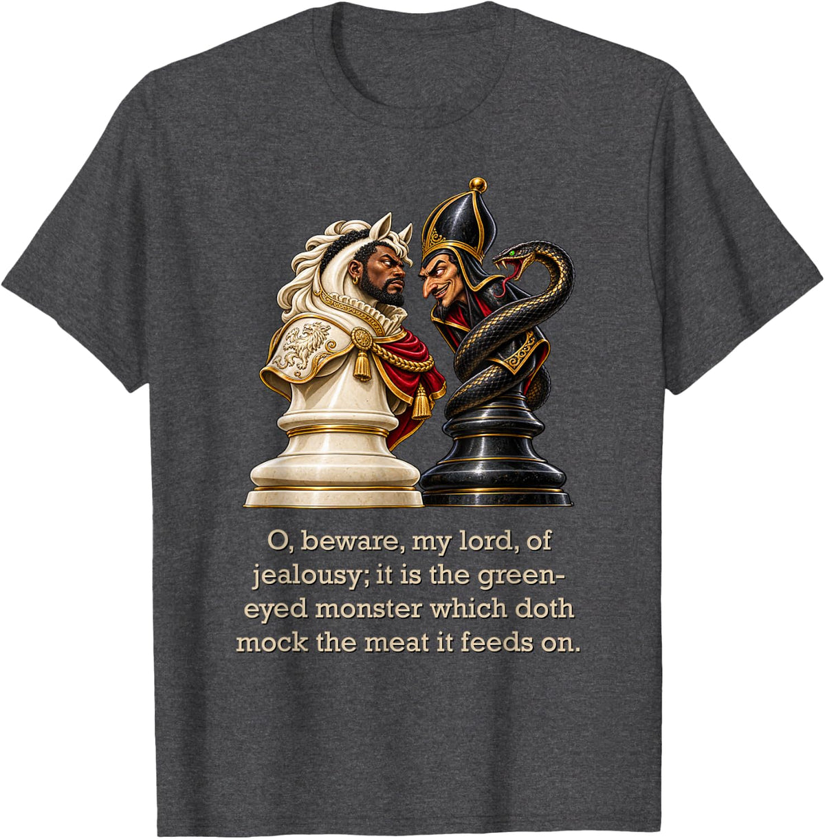 Othello Knight Iago Bishop Chess Pieces Shakespeare Tragedy T-Shirt - Dark Heather Grey