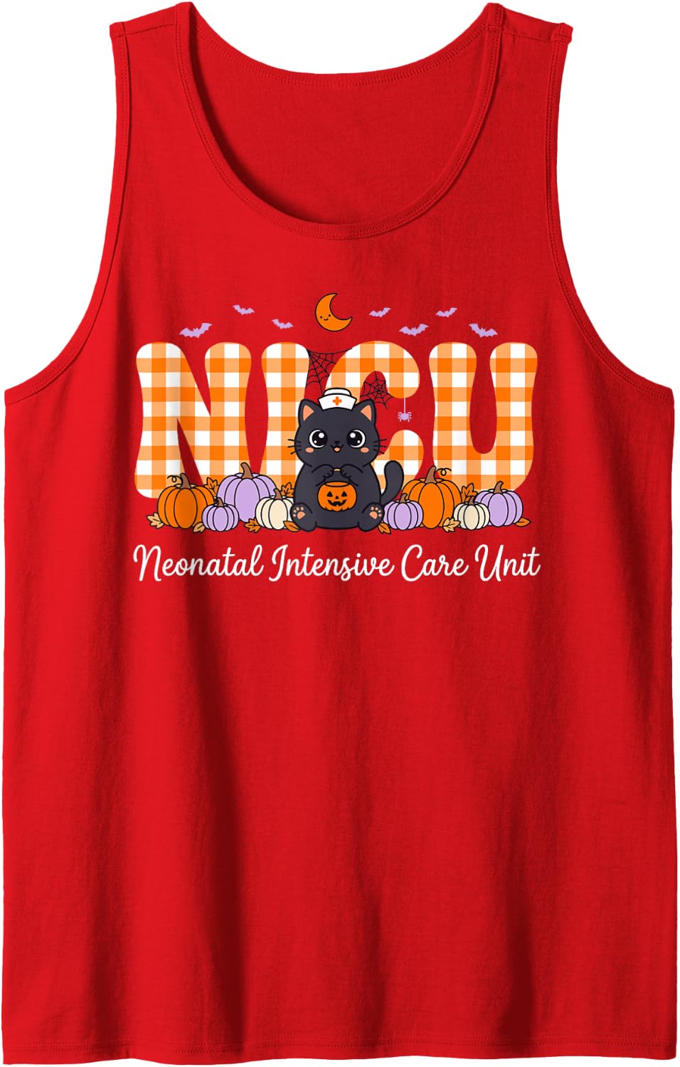 Cute NICU Nurse Halloween Black Cat Pumpkins Fall Sleeveless Tank Top - Red