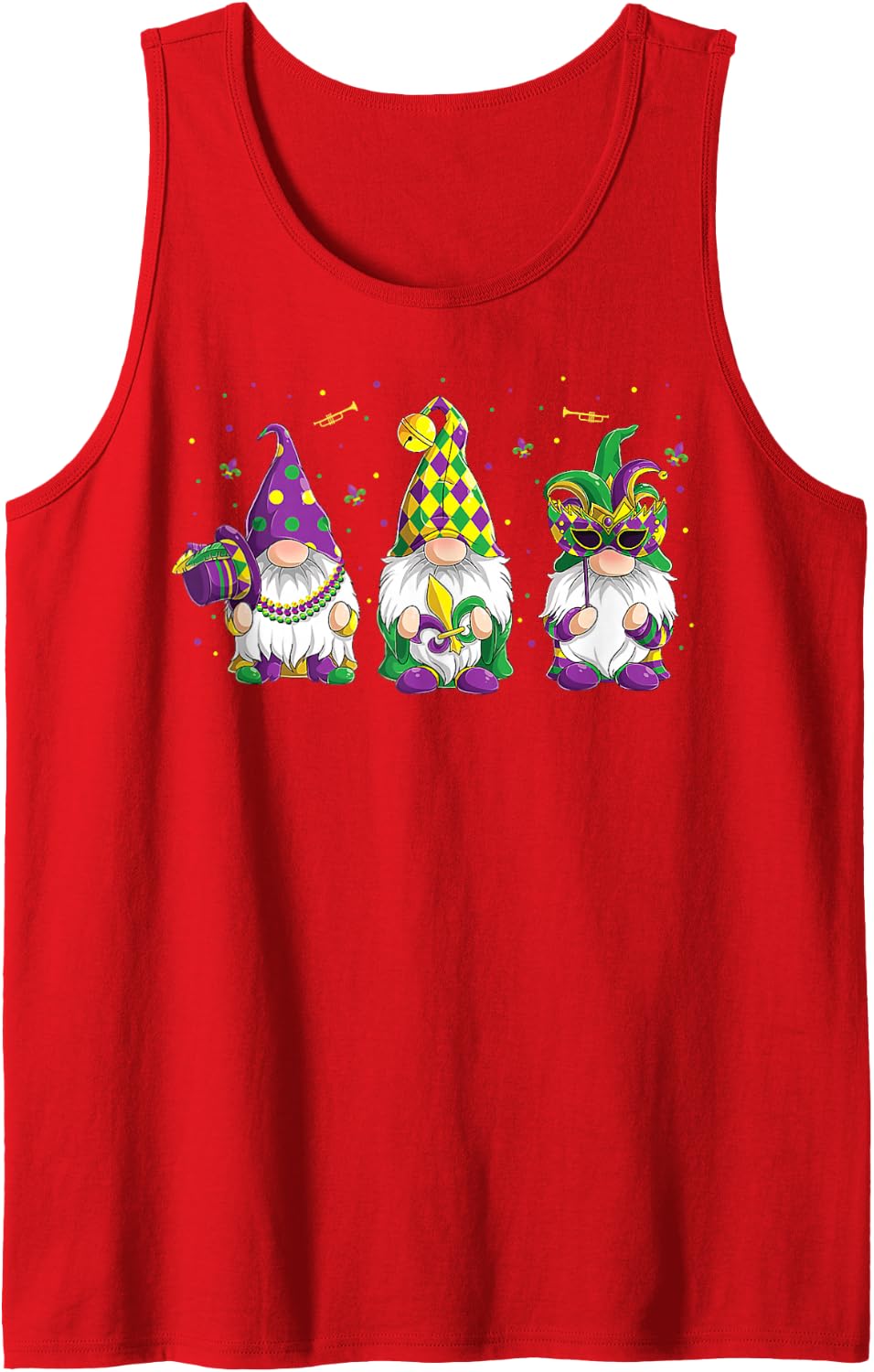 Funny Gnomes Jester Beads & Mask Mardi Gras Gnomes Carnival Sleeveless Tank Top - Red