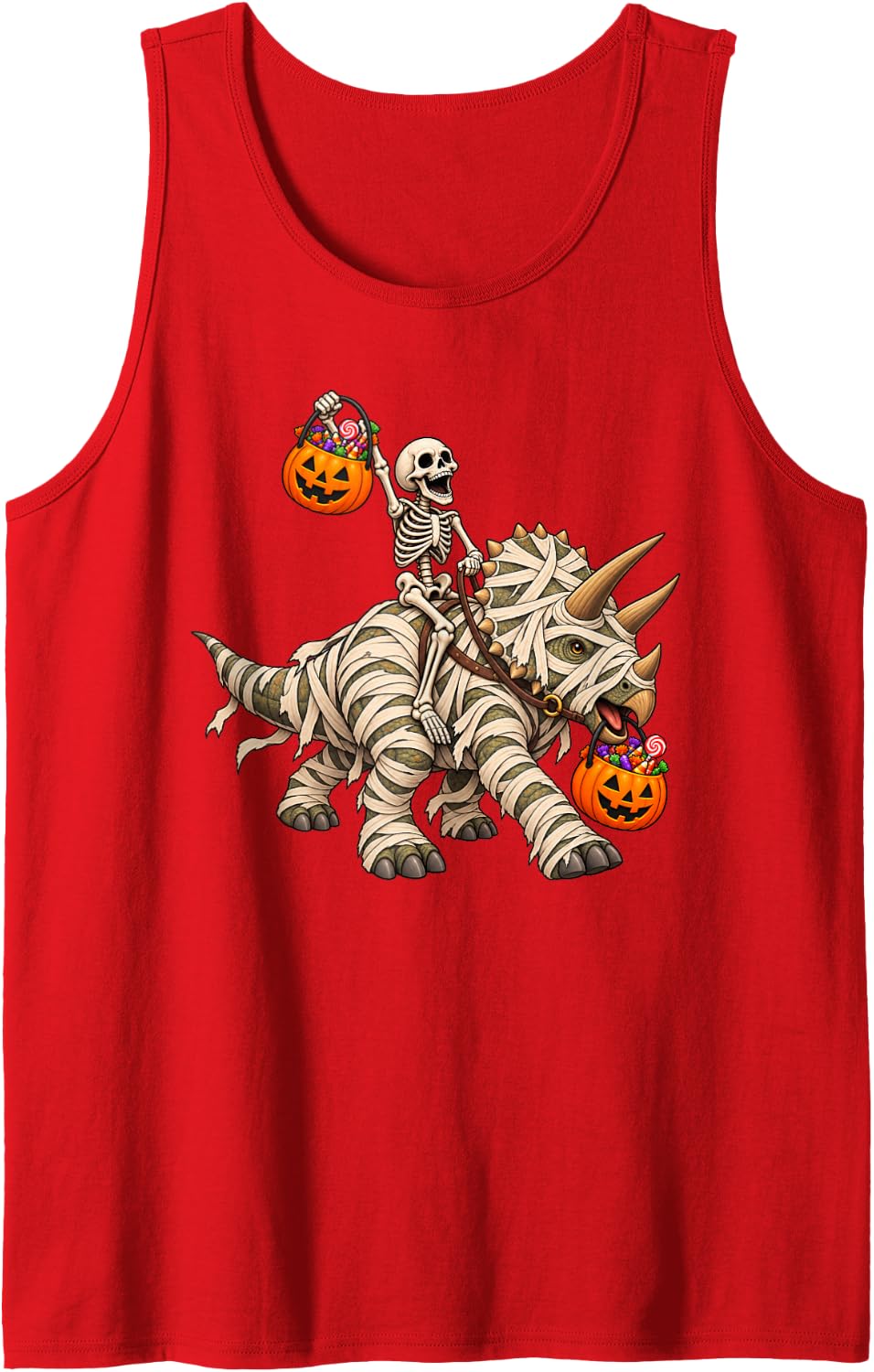 Skeleton Riding Mummy Triceratops Dinosaur Funny Halloween Sleeveless Tank Top - Red