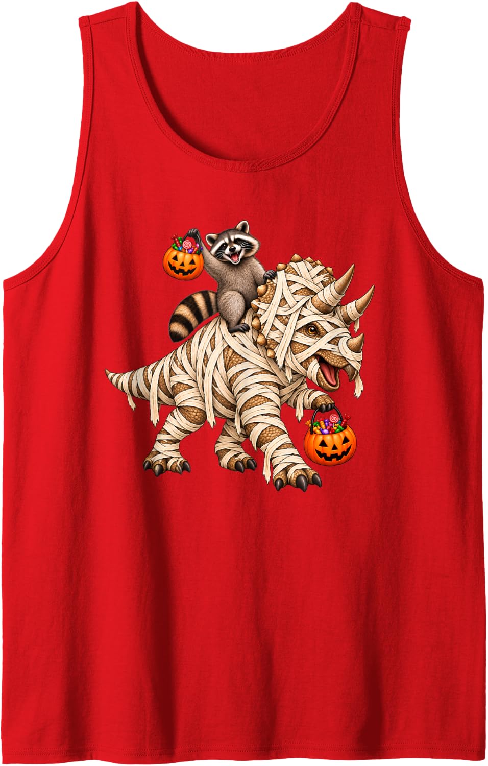 Raccoon Riding Mummy Triceratops Dinosaur Funny Halloween Sleeveless Tank Top - Red