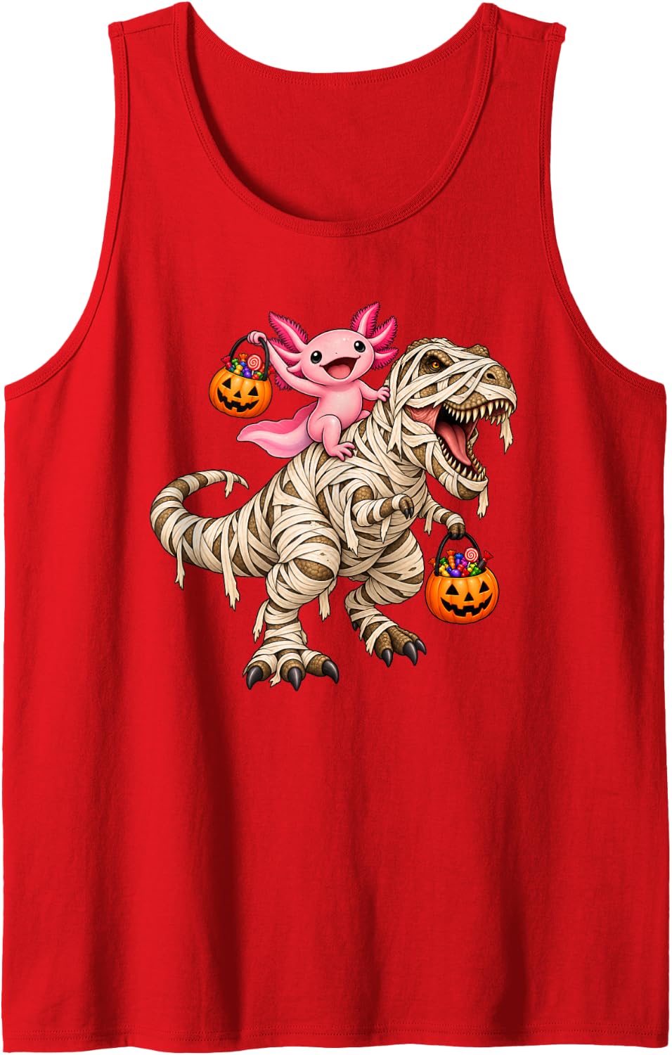 Axolotl Riding Mummy T-Rex Dinosaur Funny Halloween Sleeveless Tank Top - Red