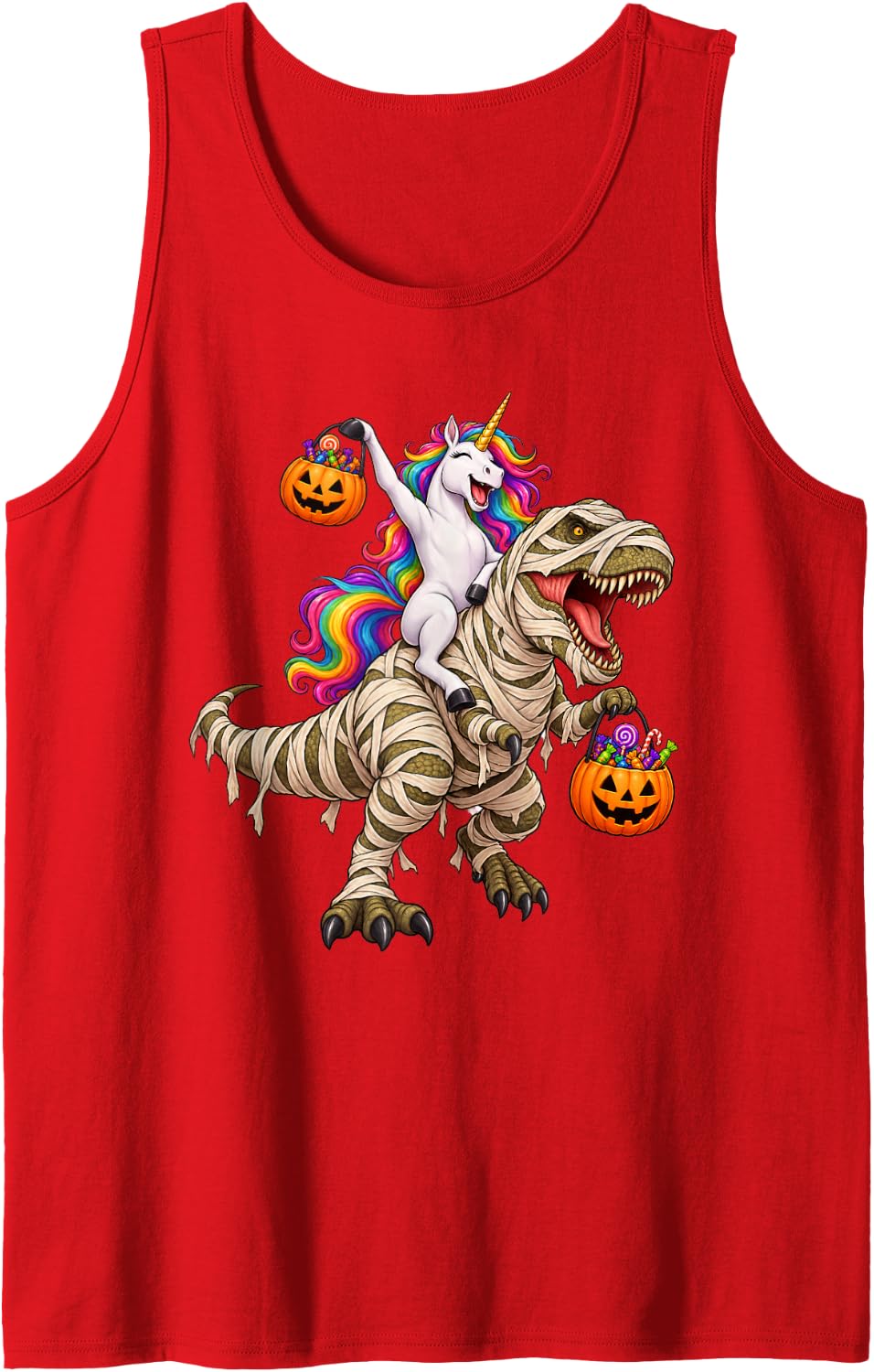 Unicorn Riding Mummy T-Rex Dinosaur Funny Halloween Sleeveless Tank Top - Red