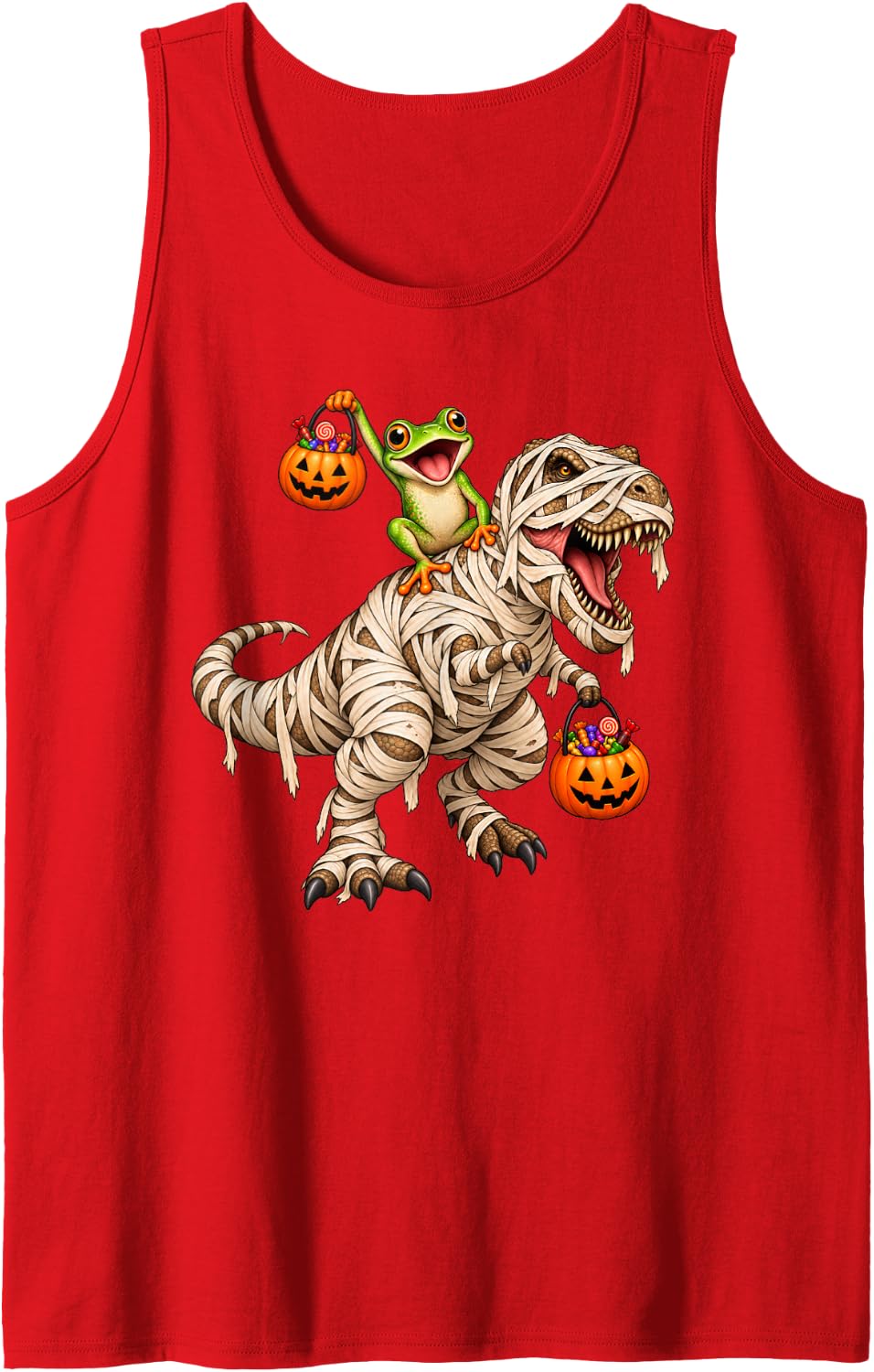 Frog Riding Mummy T-Rex Dinosaur Funny Halloween Sleeveless Tank Top - Red