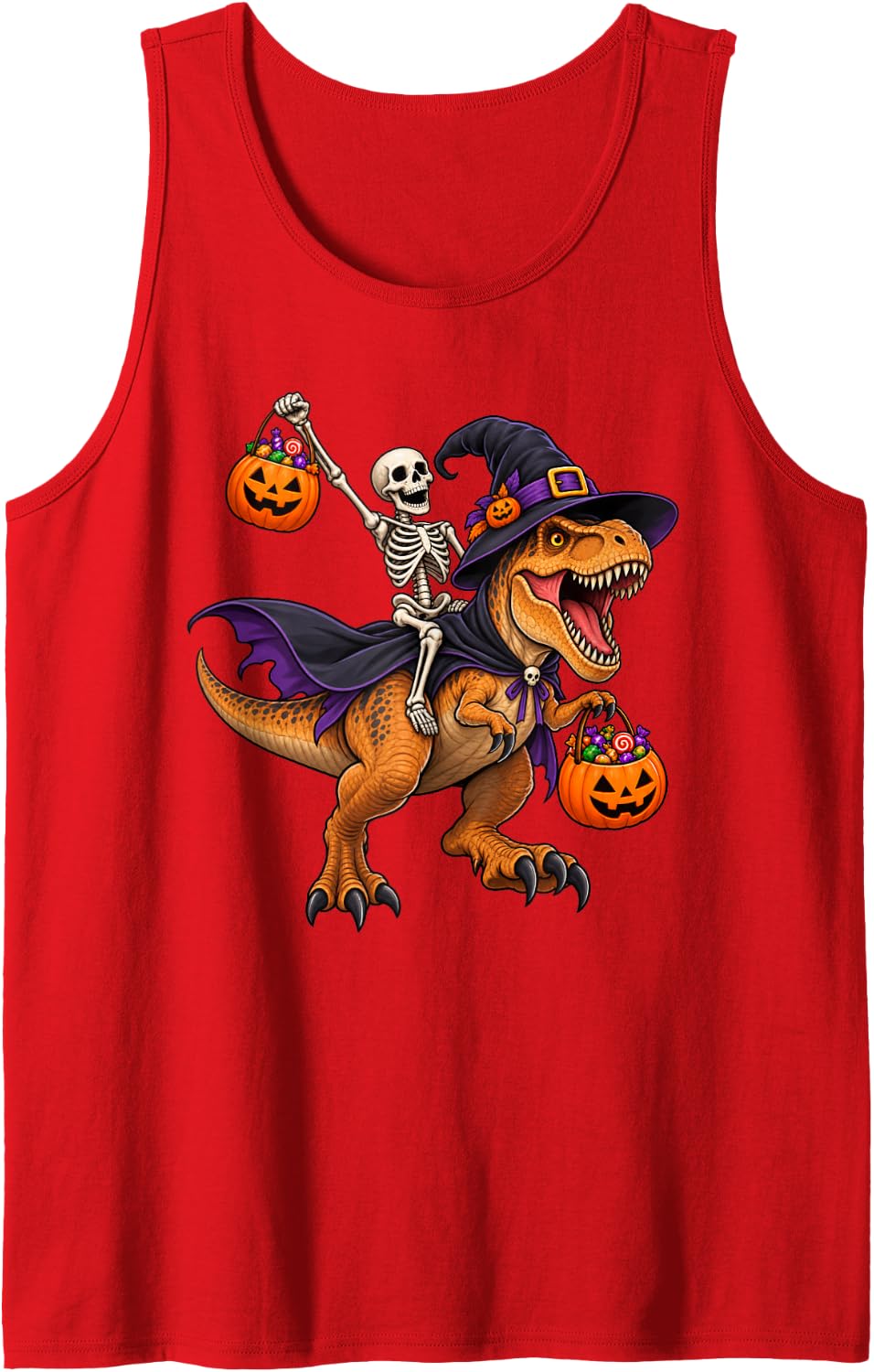 Skeleton Riding Witch Dinosaur Funny Halloween Sleeveless Tank Top - Red