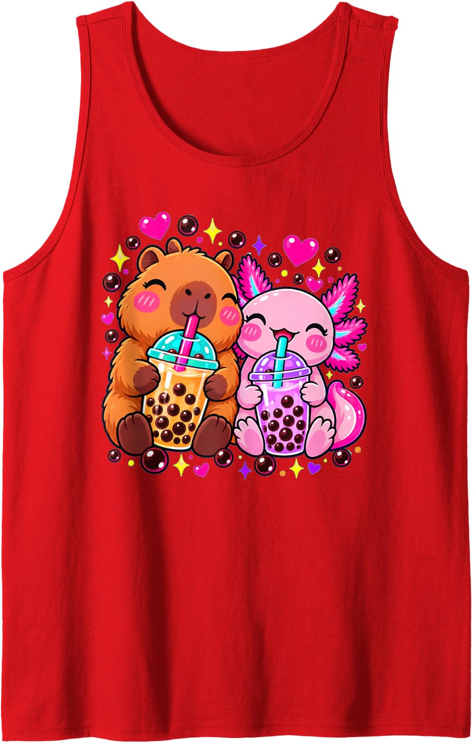 Axolotl Capybara Drinking Boba Tea Bubbletea Cute Kawaii Sleeveless Tank Top - Red
