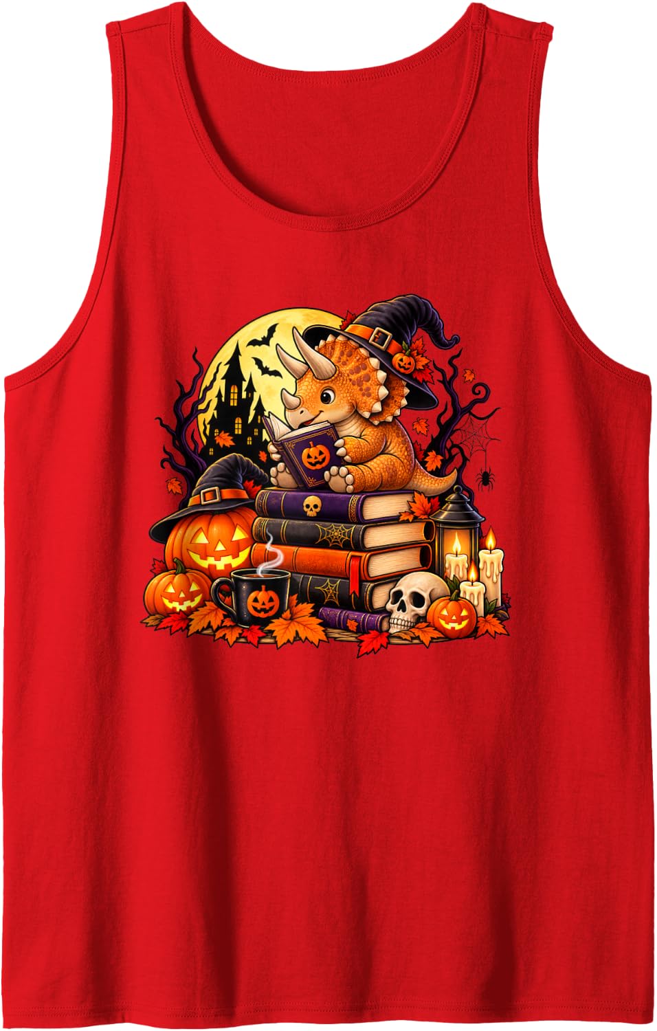 Triceratops Dinosaur Reading Book Nerd Halloween Sleeveless Tank Top - Red