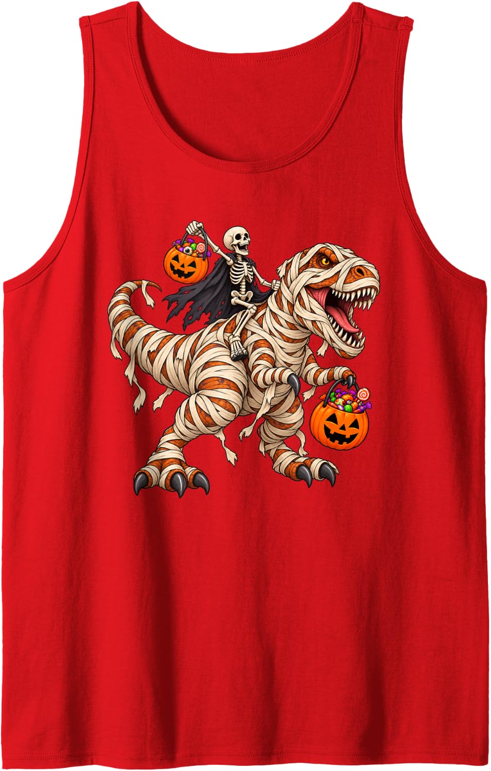 Skeleton Riding Mummy T-Rex Dinosaur Funny Pumpkin Halloween Sleeveless Tank Top - Red