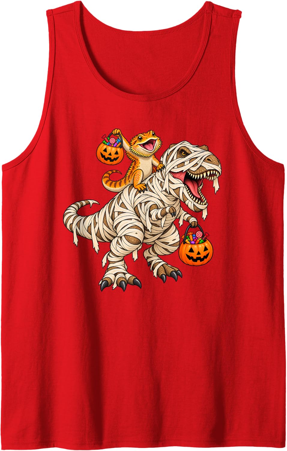 Bearded Dragon Riding Mummy T-Rex Dinosaur Funny Halloween Sleeveless Tank Top - Red