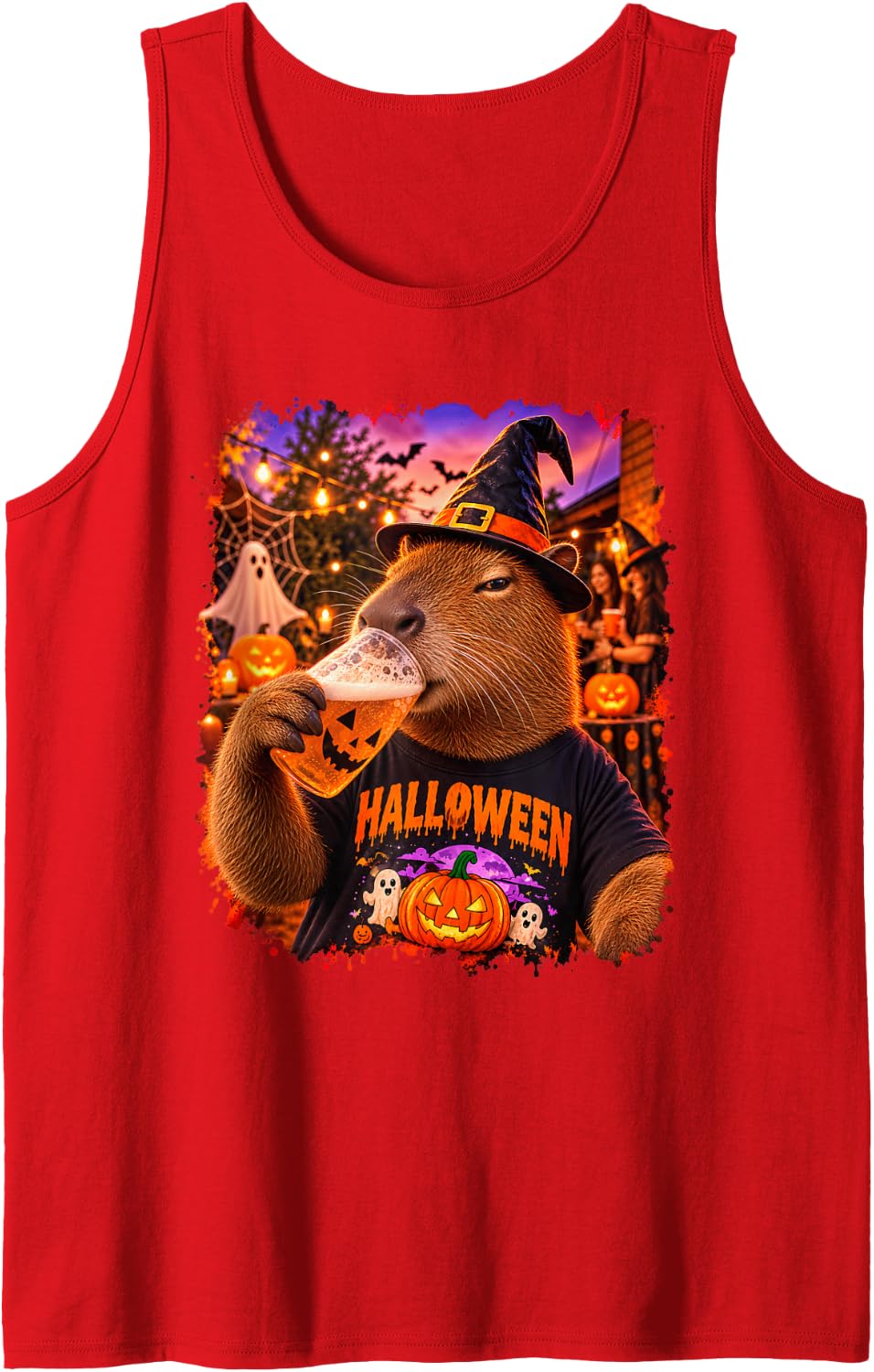 Halloween Witch Capybara Drinking Pumpkin Cup Funny Costume Tank Top - Red