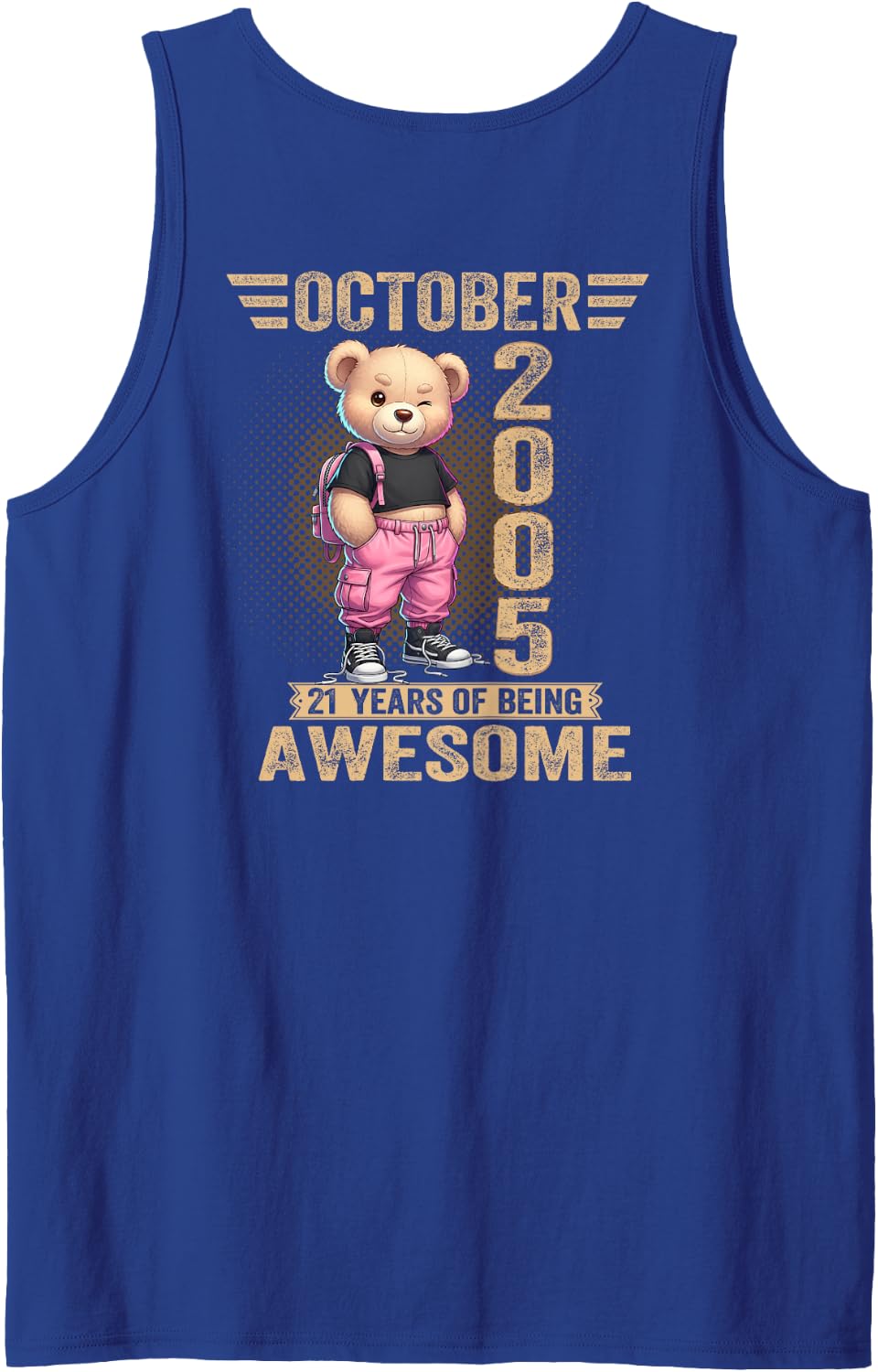 (ON Back) October 2005 21st Birthday 21 Year Teddy Bear Sleeveless Tank Top - Royal Blue
