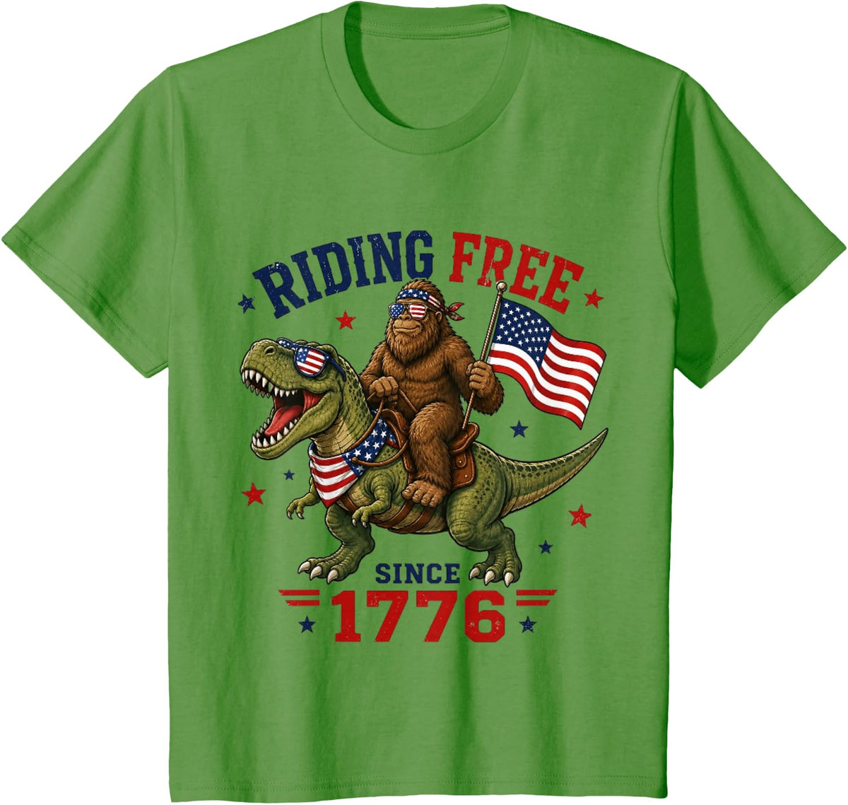 4th of July Bigfoot Dinosaur USA Flag Boys Kids Men T-Shirt - Grass Green