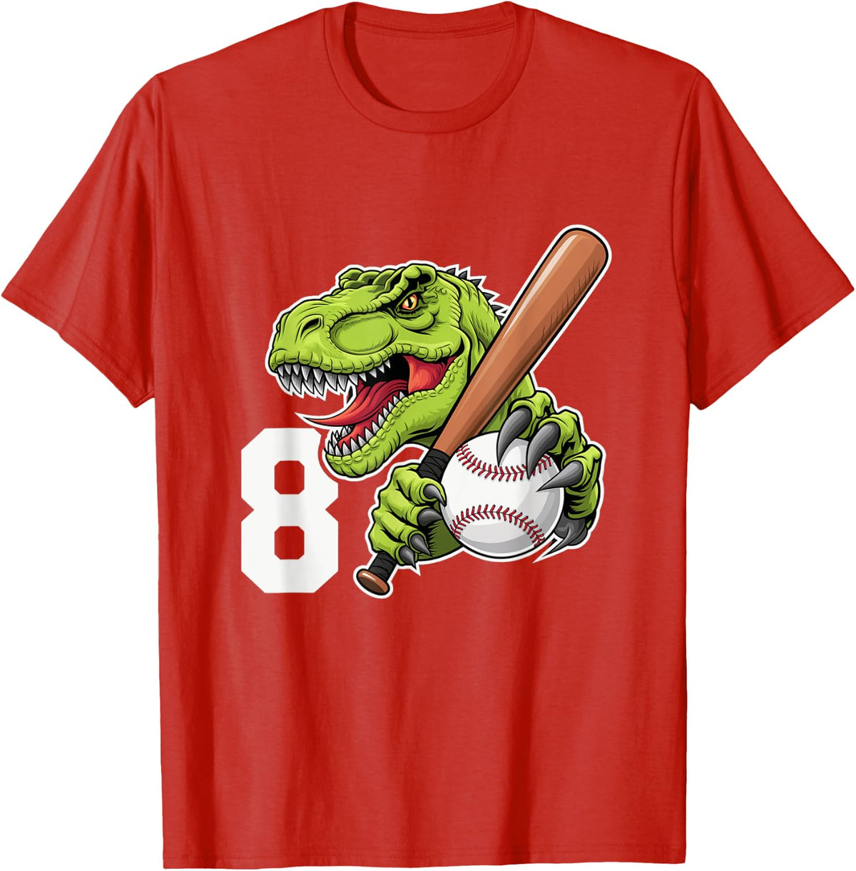 Baseball Dinosaurs T-Rex Dino 8th Birthday Youth Dinosaur T-Shirt - Red