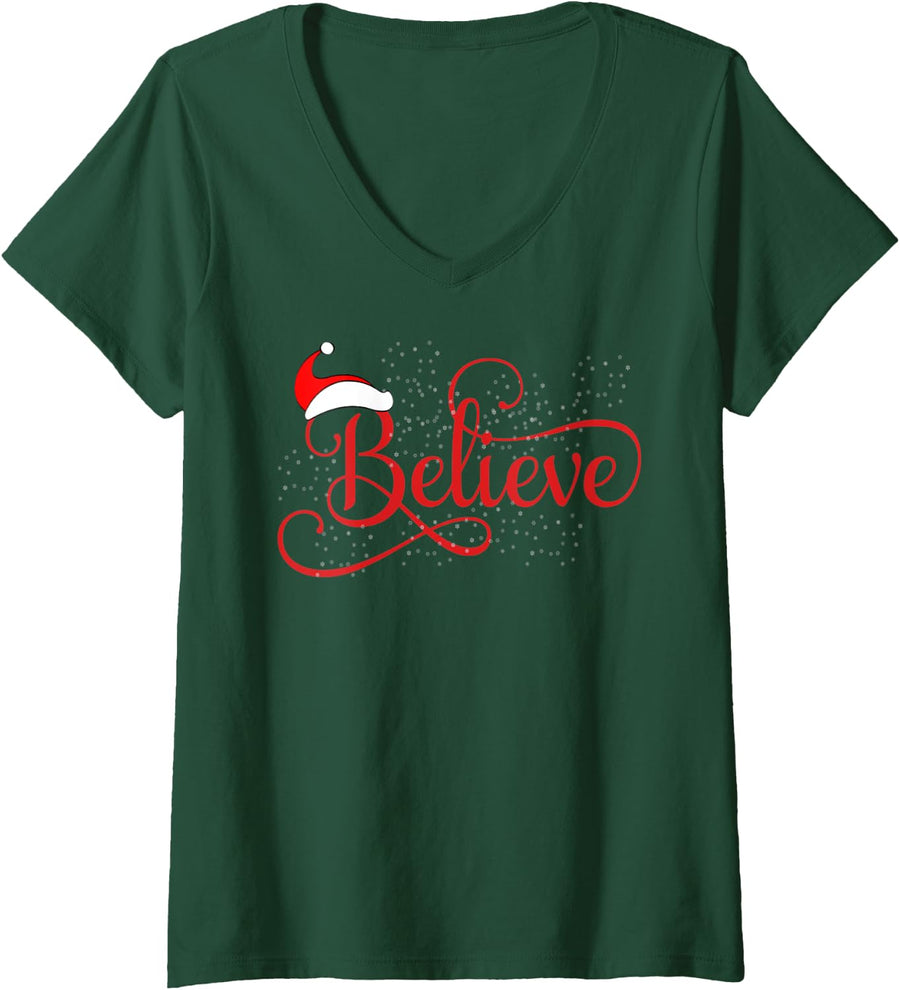 Womens Believe santa hat Snowflakes Red V-Neck T-Shirt - Dark Green