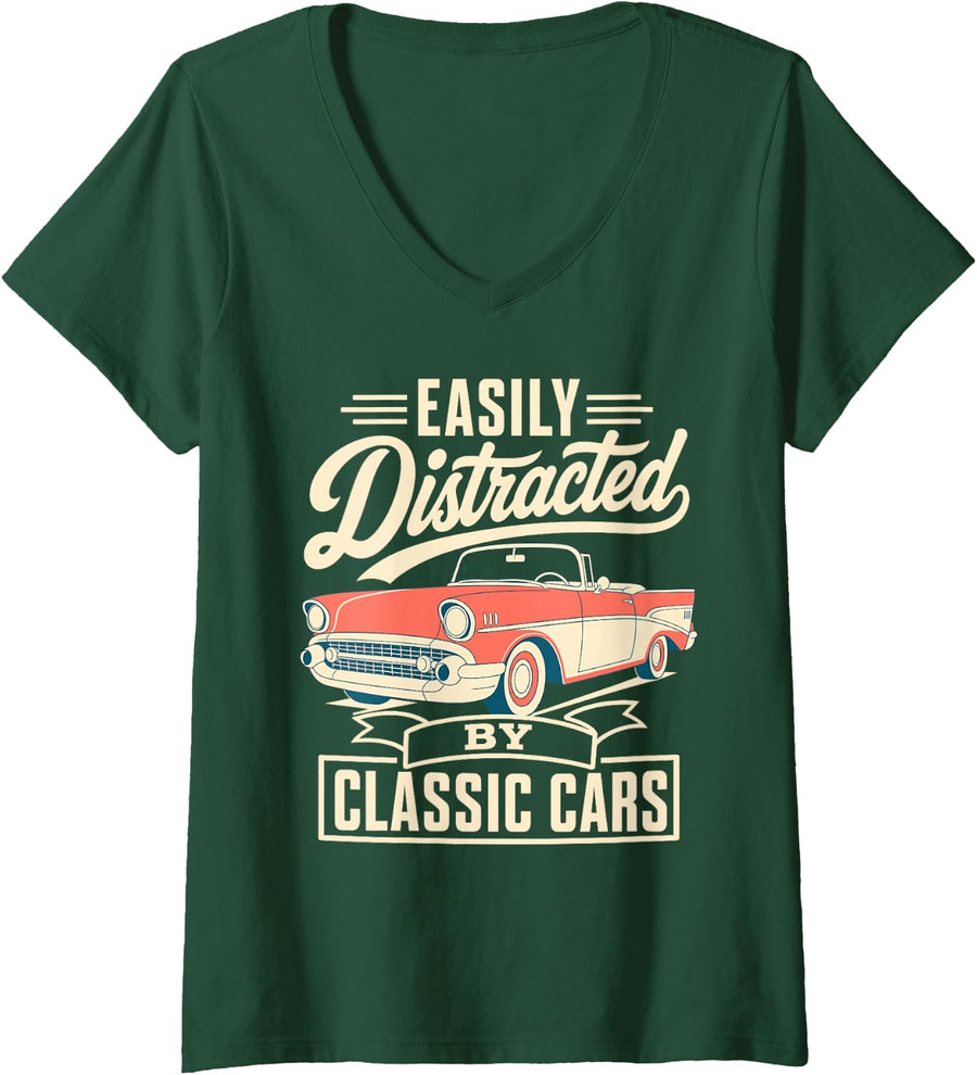Women's Easily Distracted by Classic Cars Car Guy V-Neck T-Shirt - Dark Green