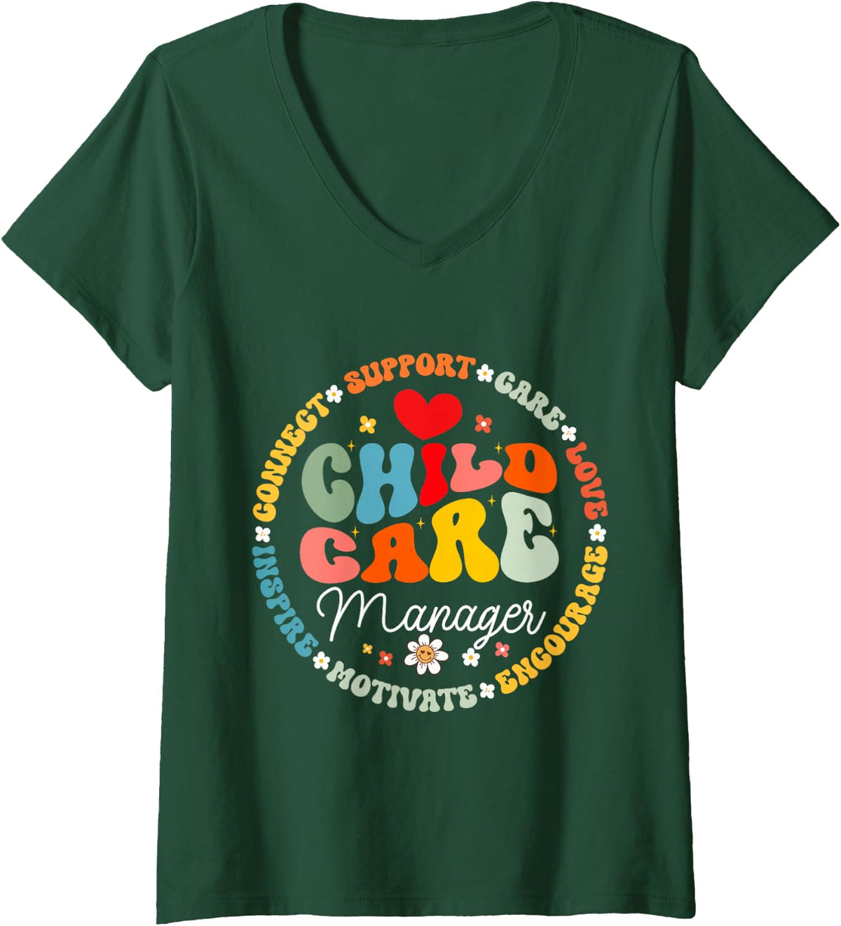Women's Childcare Director Manager Crew School Provider Teacher V-Neck T-Shirt - Dark Green