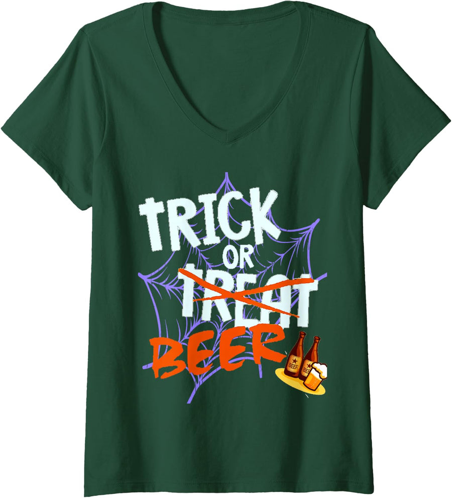 Women's Trick Or Beer Sarcastic Halloween Party Adult Drinking Humor V-Neck T-Shirt - Dark Green