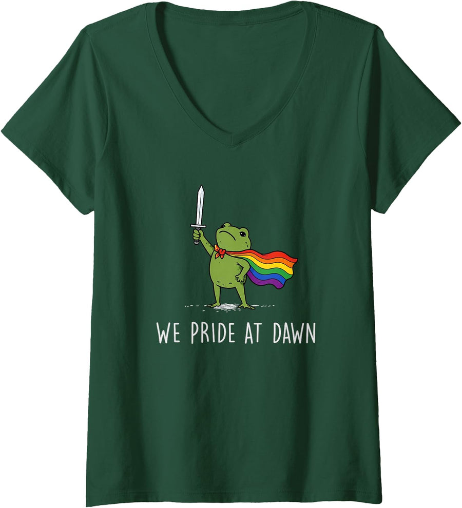 Women's We Pride At Dawn Funny Frog Pride Month LGBT Support V-Neck T-Shirt - Dark Green
