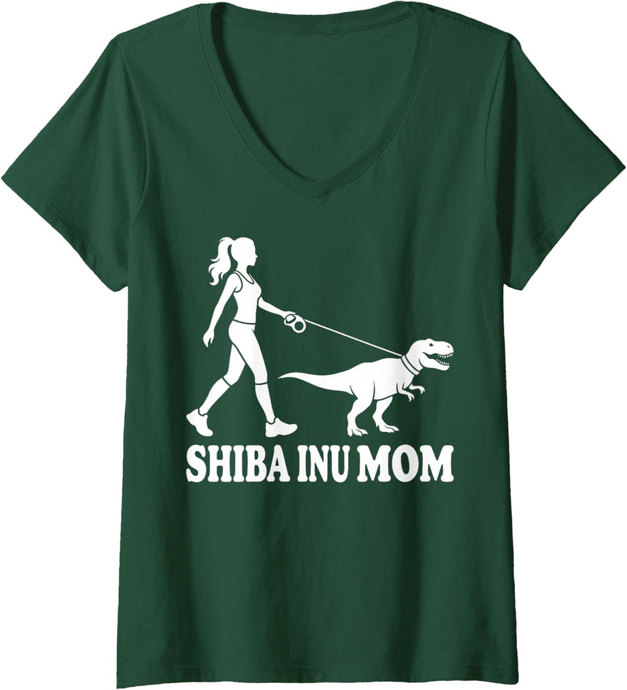Women's Shiba Inu Mom Dinsoaur V-Neck T-Shirt - Dark Green