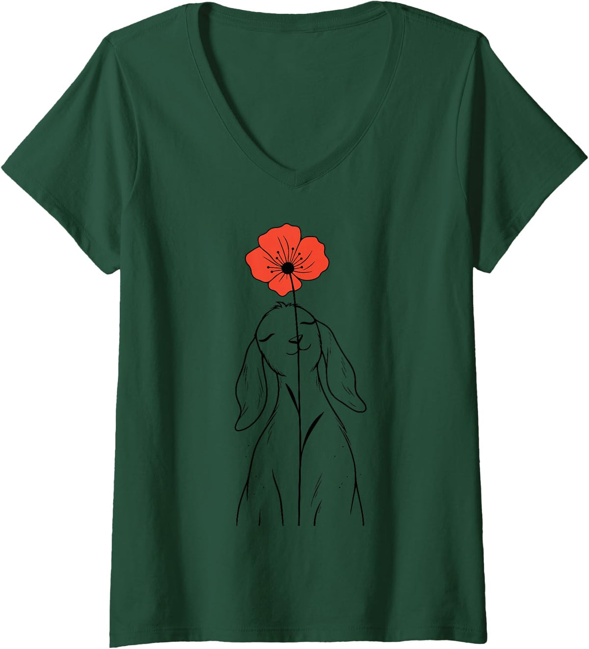 Women's Cute Goat Flower V-Neck T-Shirt - Dark Green