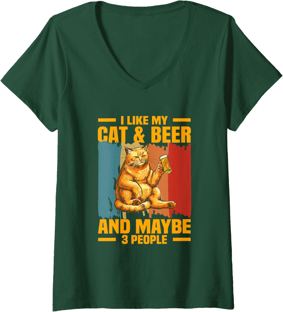 Women's I Like My Cat and Beer Maybe 3 People Funny Introvert Humor V-Neck T-Shirt - Dark Green