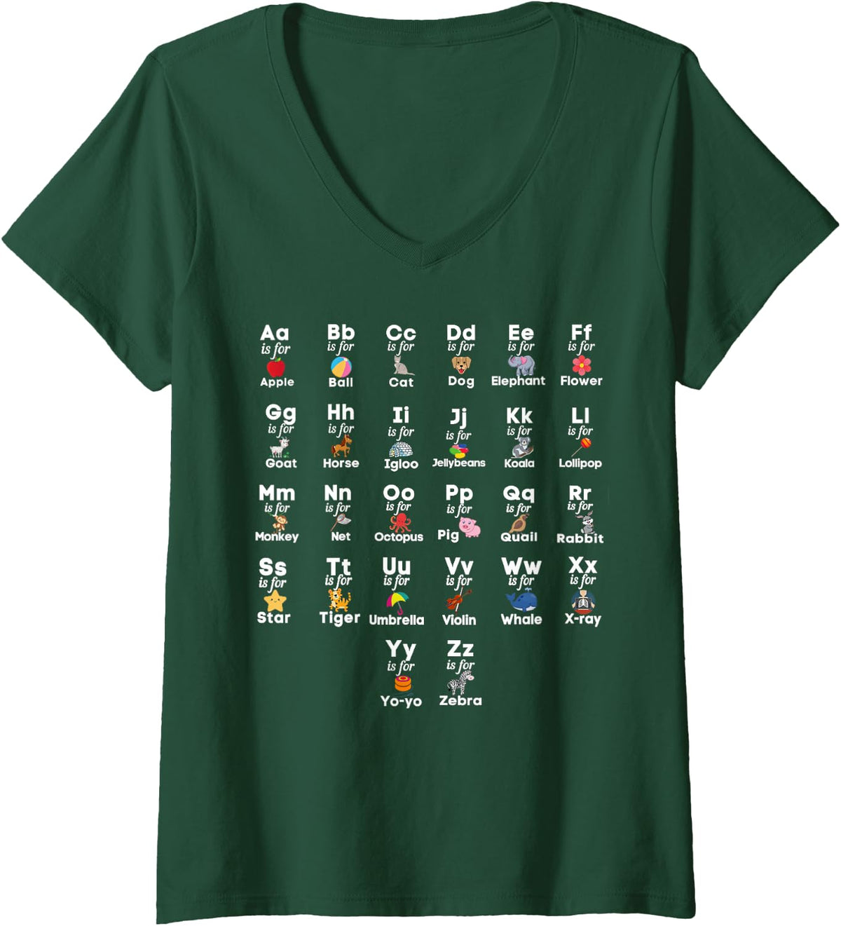 Women's A to Z Alphabet Pre-School Kindergarten Teacher Student Kids V-Neck T-Shirt - Dark Green