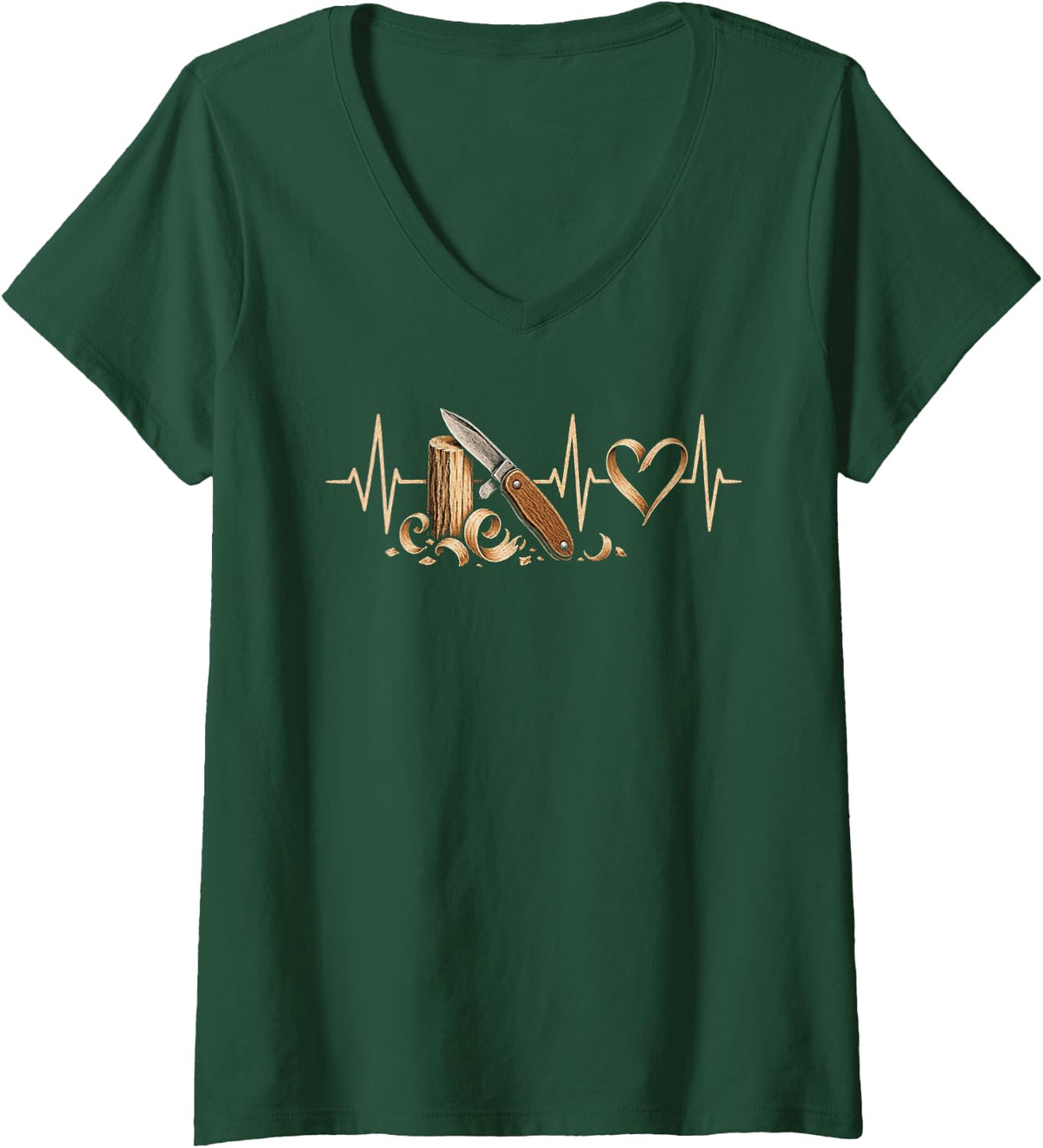 Women's Whittling Heartbeat Wood Carving Design V-Neck T-Shirt - Dark Green