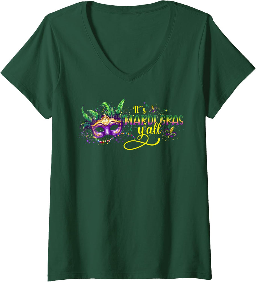 Women's It's Mardi Gras Y'all Carnival Party Mask Costume Women Kids V-Neck T-Shirt - Dark Green