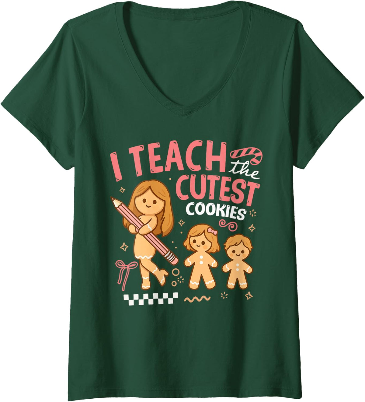 Women's I Teach Cutest Cookies Teacher Christmas Gingerbread Groovy V-Neck T-Shirt - Dark Green