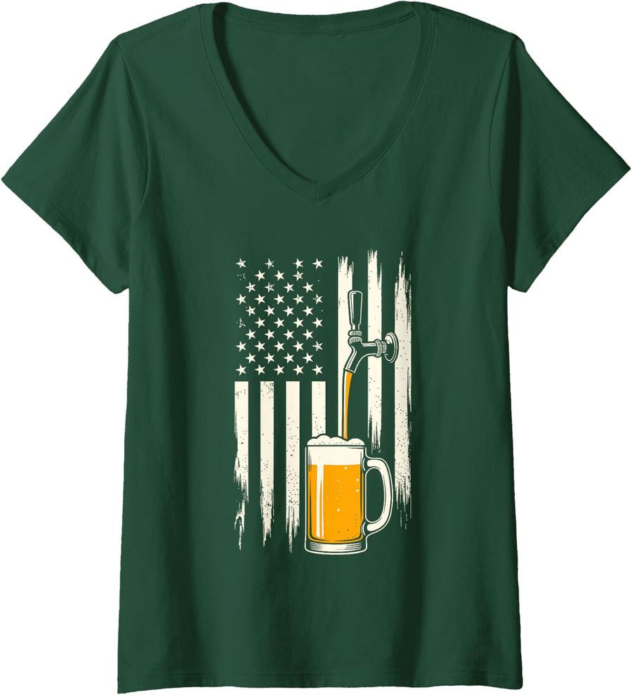 Women's American Flag Funny 4th of July Beer Patriotic USA Flag V-Neck T-Shirt - Dark Green