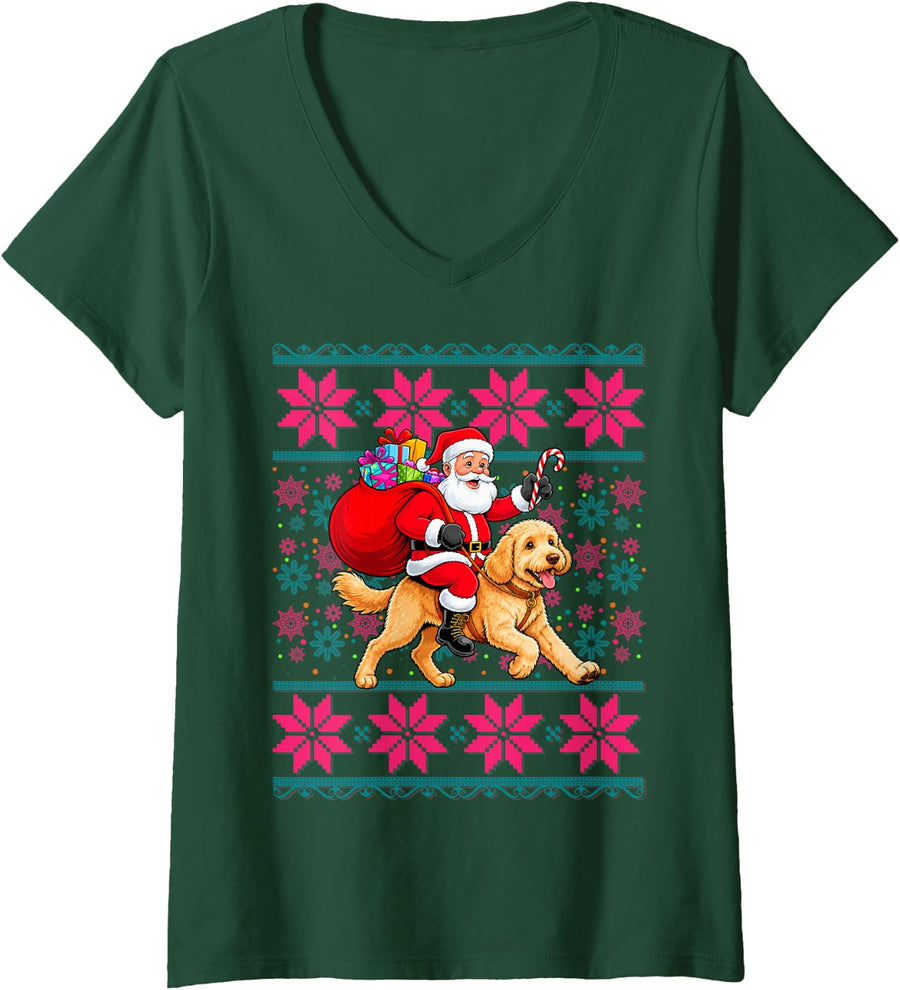 Women's Ugly Christmas Women Girls Santa Riding Labradoodle Dog Xmas V-Neck T-Shirt - Dark Green