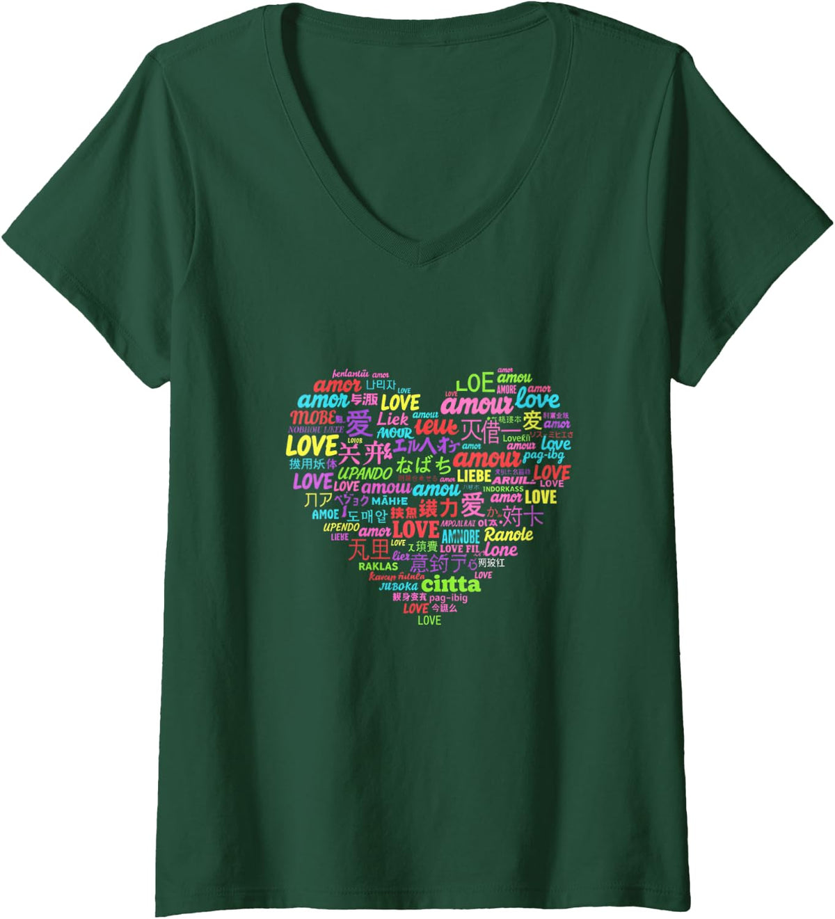 Womens Love in Different Languages Learn A Foreign Language Month V-Neck T-Shirt - Dark Green