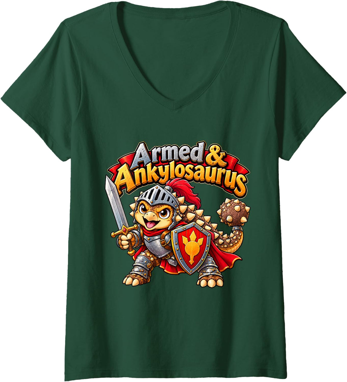 Women's Armed & Ankylosaurus Funny Dinosaur Knight Medieval Fantasy V-Neck T-Shirt - Dark Green
